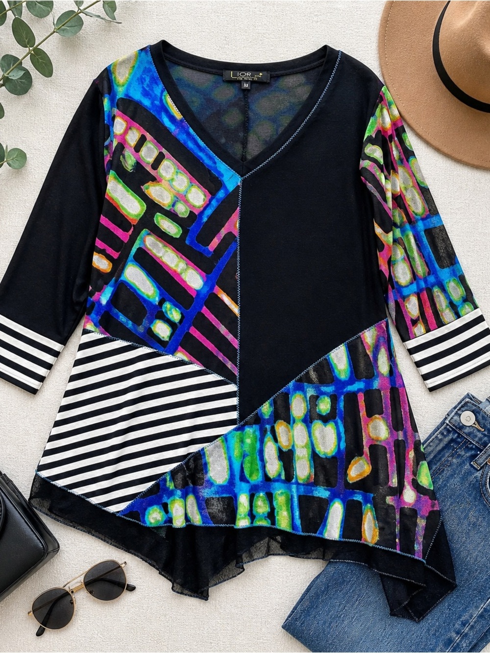 Lior Paris Artsy Abstract Patchwork Tunic Asym Hem Boho Chic Top Medium C97